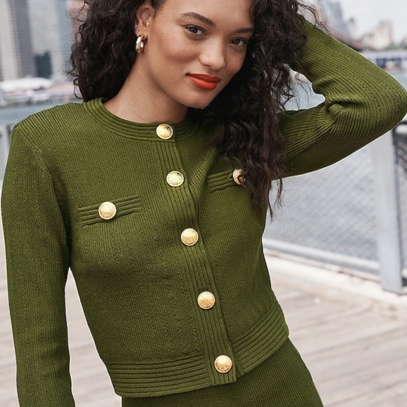 Express Sweaters - Express Novelty Gold Button Ribbed Cardigan Sweater Top Shirt Green Long Sleeve